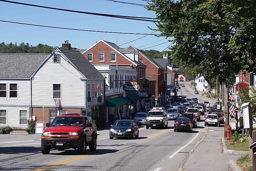 Lively Main Street in Damariscotta, Maine full of shops