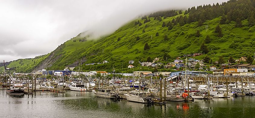 Commercial fishing boats at the dock of Saint Paul Harbor in Kodiak, Alaska