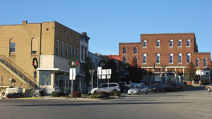 Buildings on the northwestern quadrant of the courthouse square in Paoli, Indiana, United States.