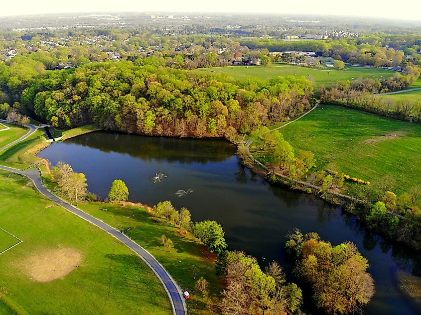 Aerial view of the pond near Carousel Park, Pike Creek, Delaware.