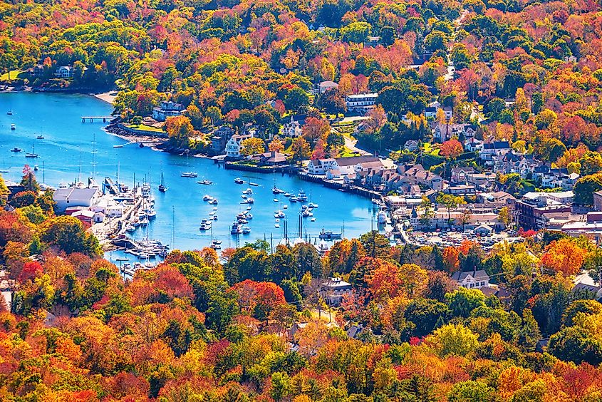 View from Mount Battie overlooking Camden Harbor, Maine, showcasing beautiful New England autumn foliage colors in October.