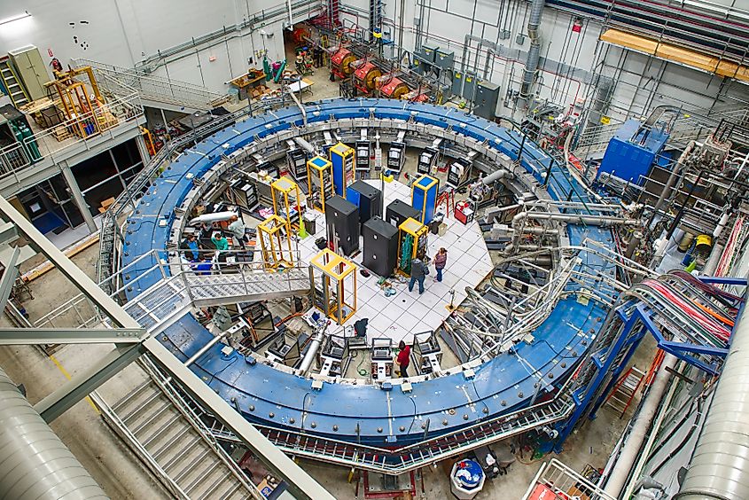 The g − 2 storage-ring magnet at Fermilab, which was originally designed for the Brookhaven g − 2 experiment. The geometry allows for a very uniform magnetic field to be established in the ring.