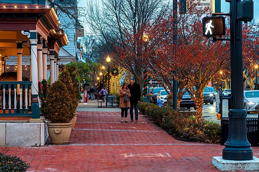 People walking in downtown Worthington, Ohio, during Christmas time.