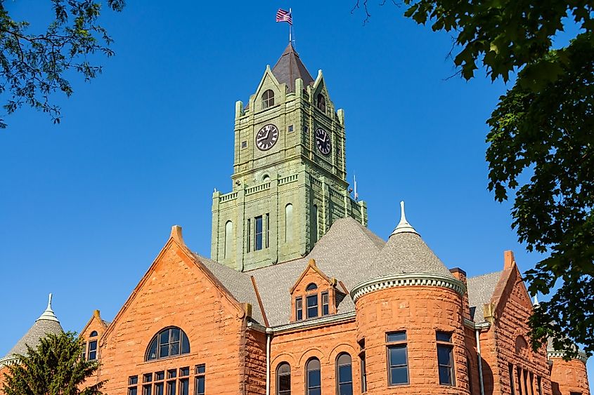 Exterior of the Clinto County Courthouse with brilliant blue skies in the background. Clinton, Iowa