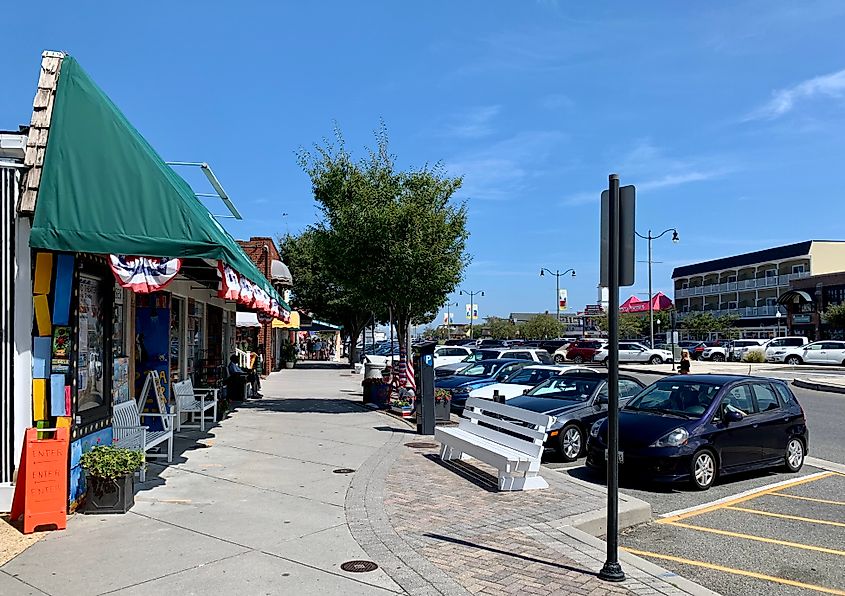 Shops along Rehoboth Avenue in Rehoboth Beach, Delaware.