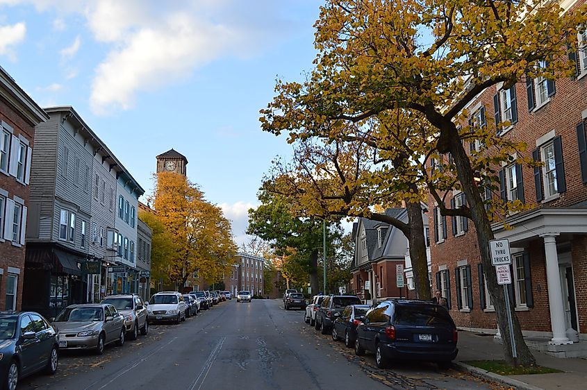 Street scene in Cazenovia, New York, in fall.