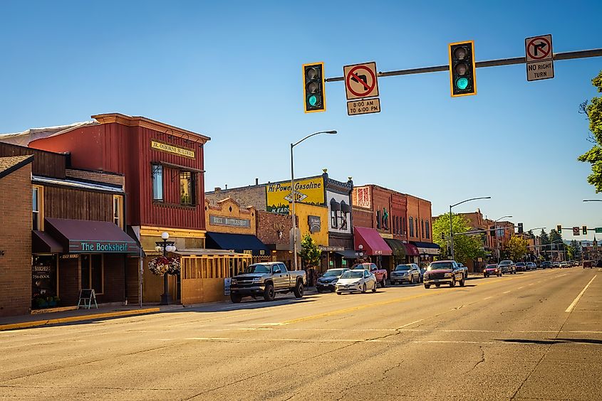 Colorful storefronts in Kalispell, Montana