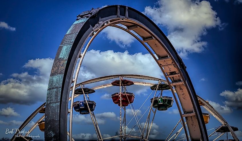 A radical view of rides at Frontier City Amusement Park in Oklahoma City, Oklahoma.