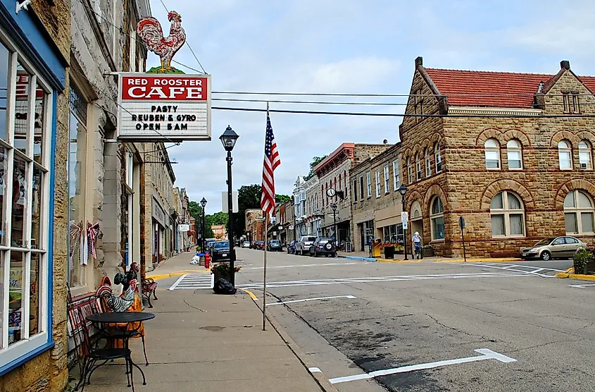 Storefronts along the main street in Mineral Point, Wisconsin.