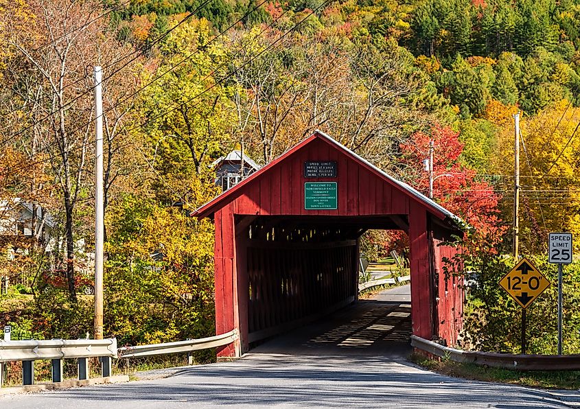 Entrance to Lower Covered Bridge in Northfield, Vermont.