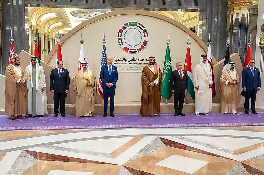 2022: President Joe Biden stands with leaders of the GCC countries, including Mohammed bin Salman who is currently the de facto ruler of Saudi Arabia. (Public Domain)