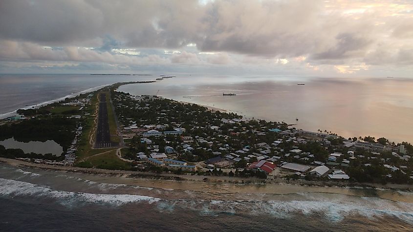 Sunset and airstrip in the fourth smallest country, Tuvalu.