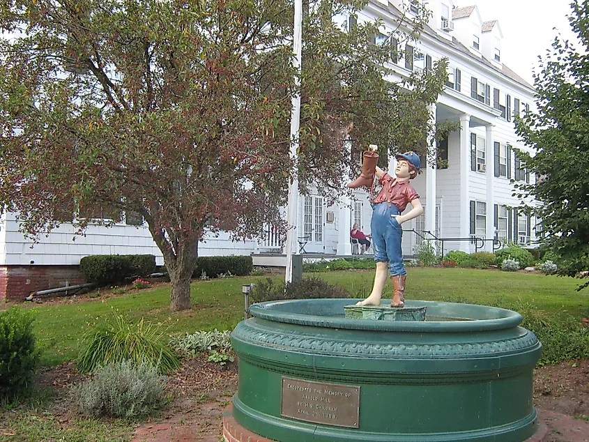 Boy With the Boot fountain in front of the Wallingford Inn within the Downtown Wallingford Historic District in Wallingford, Vermont.