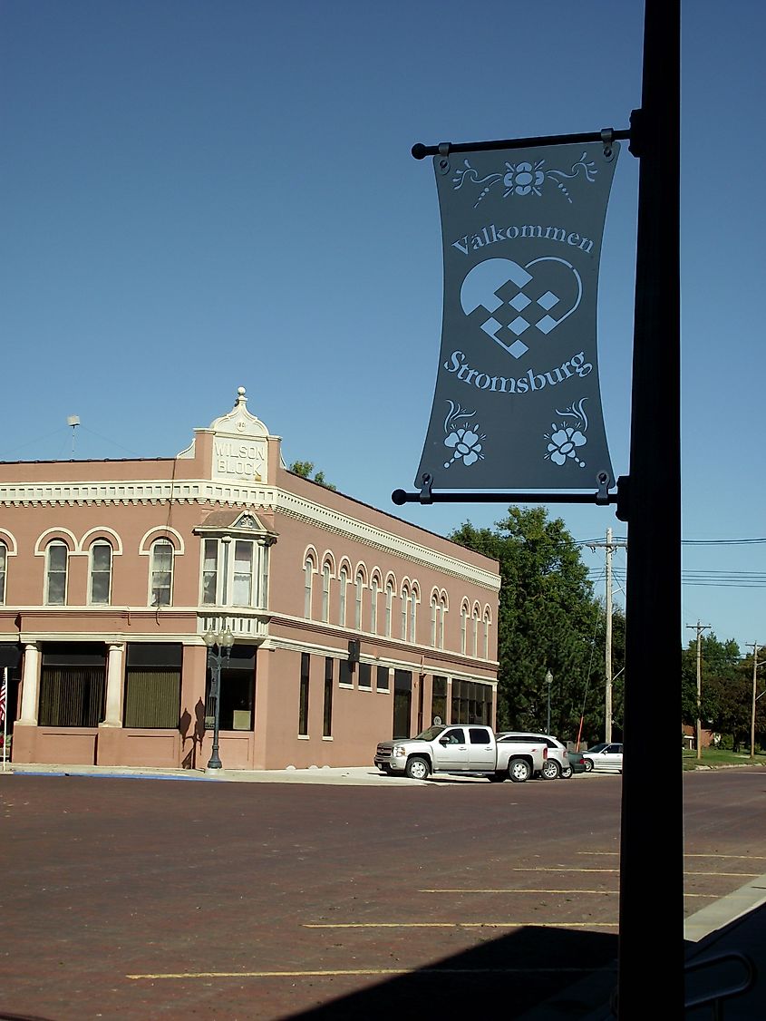 Stromsburg brick street and Valkommen sign. 