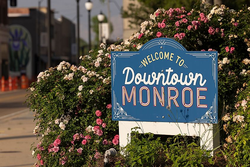 Afternoon sunlight shines on the Welcome to Downtown Monroe sign.