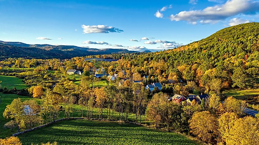 Aerial view of fall colors in Chester, VT.