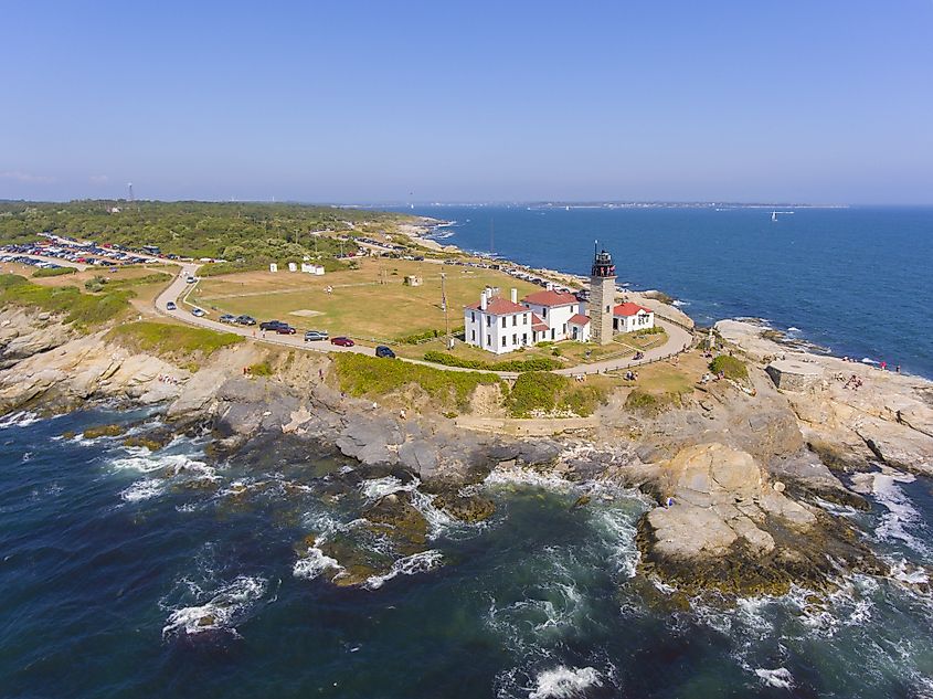 Beavertail Lighthouse in Beavertail State Park aerial view in summer, Jamestown, Rhode Island.