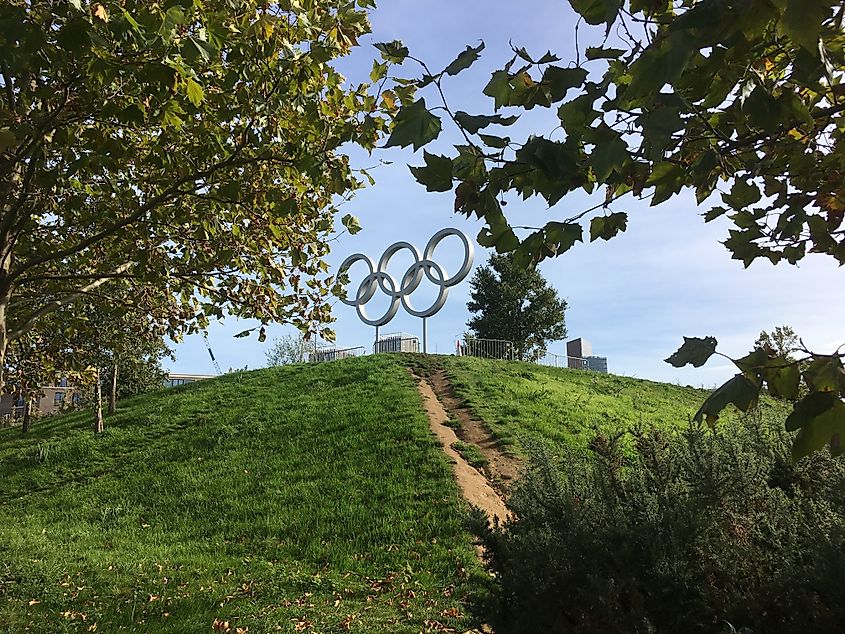 The London 2012 Olympic Rings near the Velodrome in Queen Elizabeth Olympic Park. Image by ShutterBex via Shutterstock.com