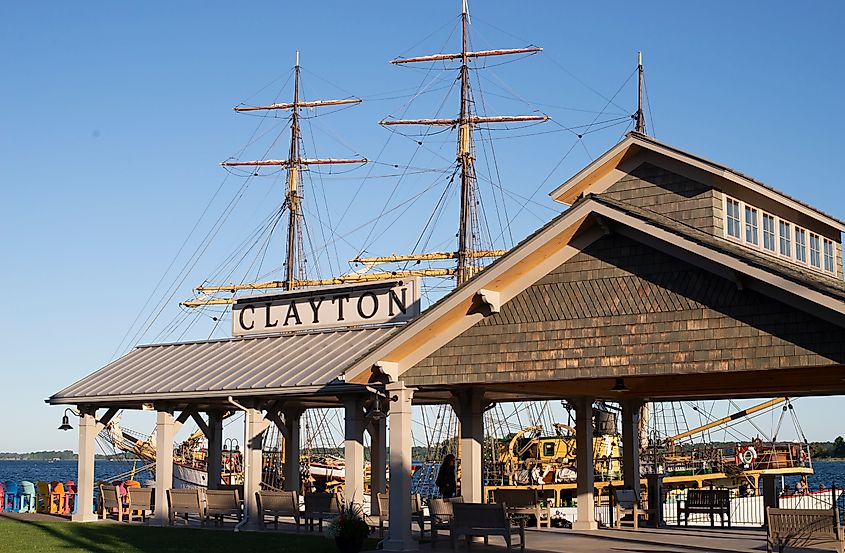 Clayton, New York: The Clayton harbor in Frink Park (with the Picton Castle tall ship in the background)