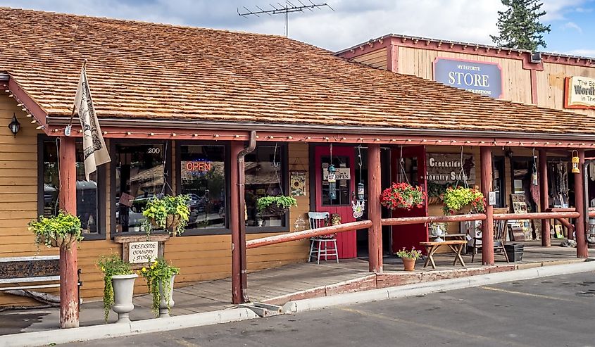 Facade of stores at the Old West Shopping Mall in Bragg Creek, Alberta, Canada. 