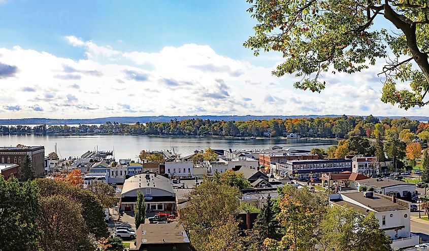 Panorama of Harbor Springs, Michigan, from the scenic overlook point above the resort town in Northern Michigan near Petoskey