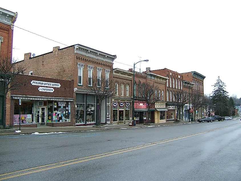 Rustic brick buildings along the main street in Manchester, Michigan.
