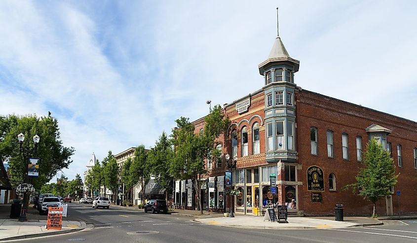 Corner of JS Cooper Block building in downtown Independence, Oregon