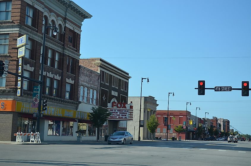 The historic downtown of Pittsburg, Kansas, with the Colonial Fox Theater.