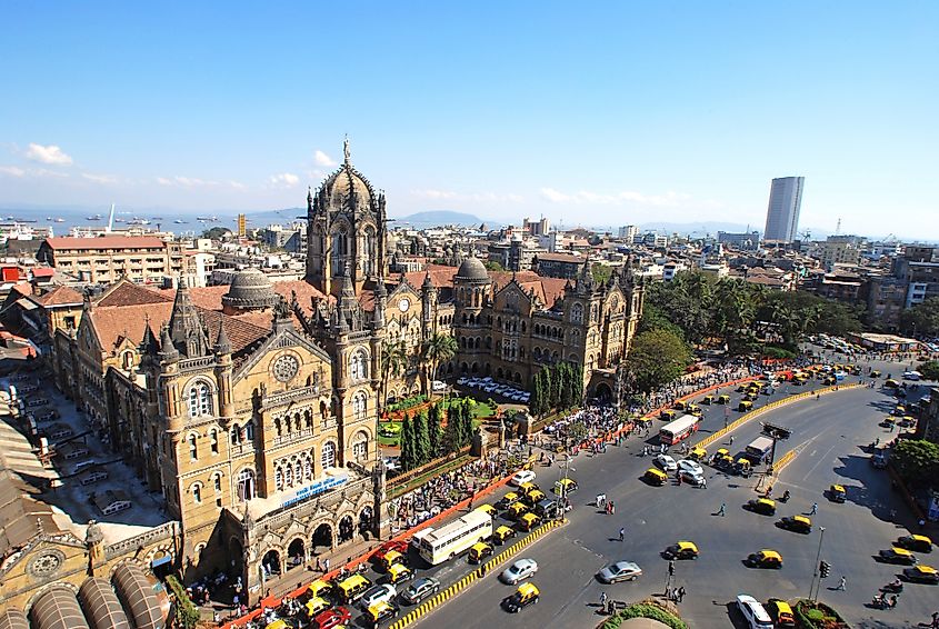Bird's eye view of the busy city of Mumbai and its famous railway station, also a heritage building.