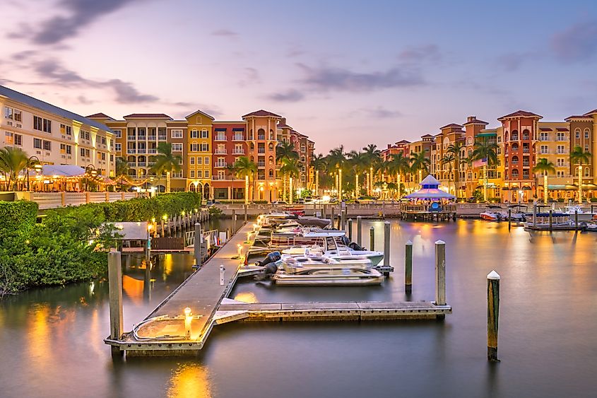 Evening view of the marina in Naples, Florida.