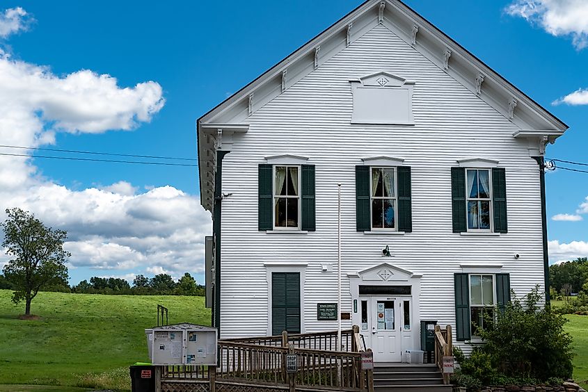 The town offices, Cornwall Free Public Library, and historical society building in Cornwall, Vermont.