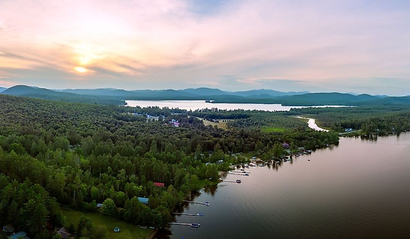 Aerial view of Speculator, New York with Lake Pleasant in the foreground