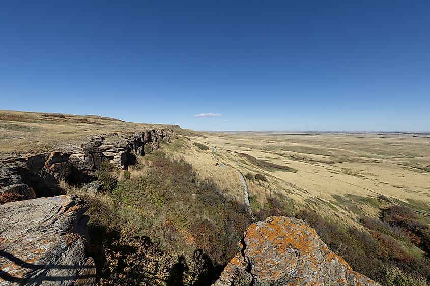 A view from the main observation deck above Head-Smashed-In Buffalo Jump.