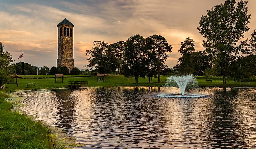 The singing tower and a pond in Carillon Park, Luray, Virginia.