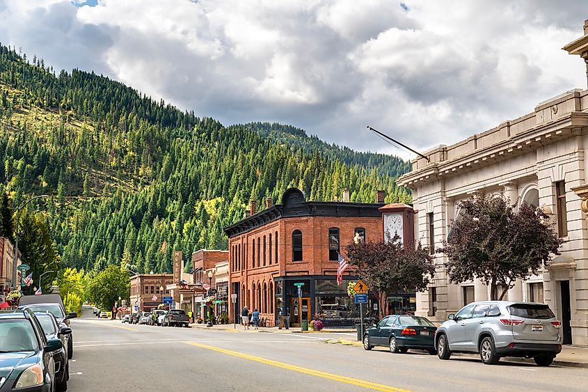 Historic main street of the Old West mining town of Wallace, Idaho, in the Silver Valley area of the Inland Northwest of the U.S.