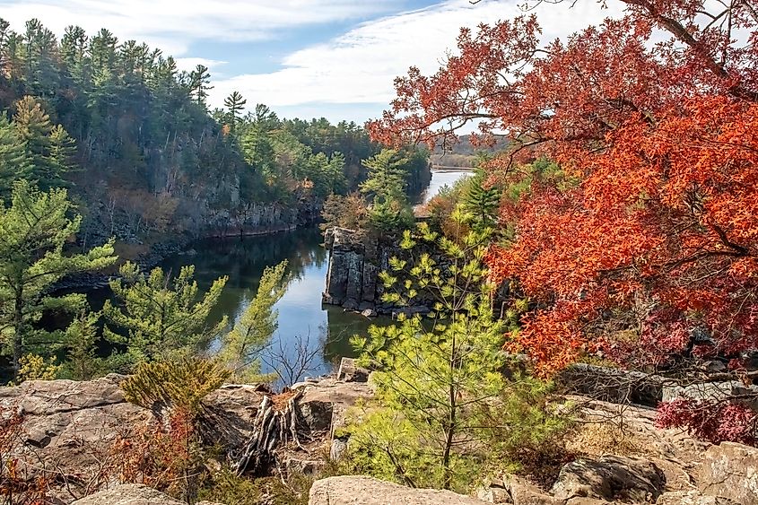 Beautiful fall view of the St. Croix River and Angle Rock at Interstate State Park in St. Croix Falls