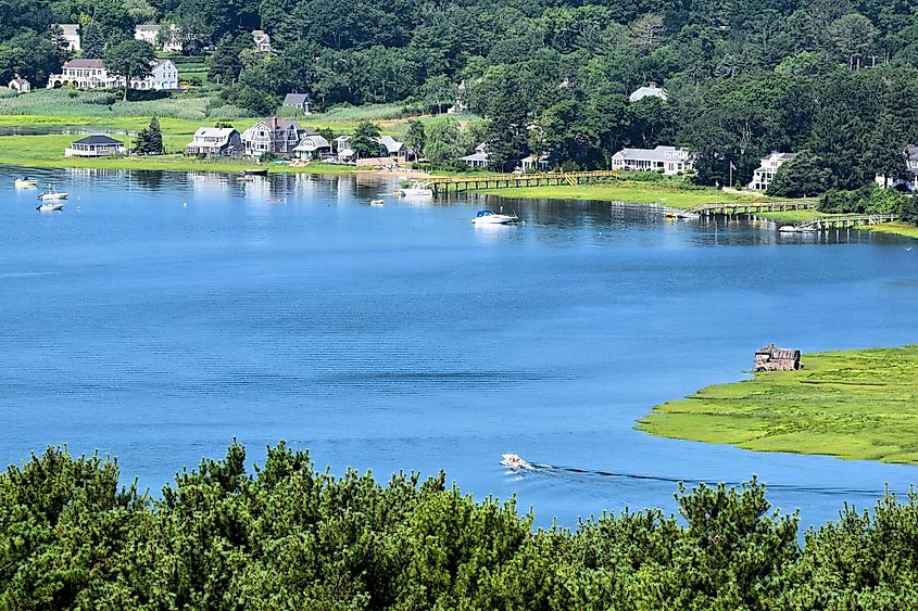 The Nook and Eagle Nest Bay in Duxbury, Massachusetts, featuring serene waters and a picturesque coastal landscape.