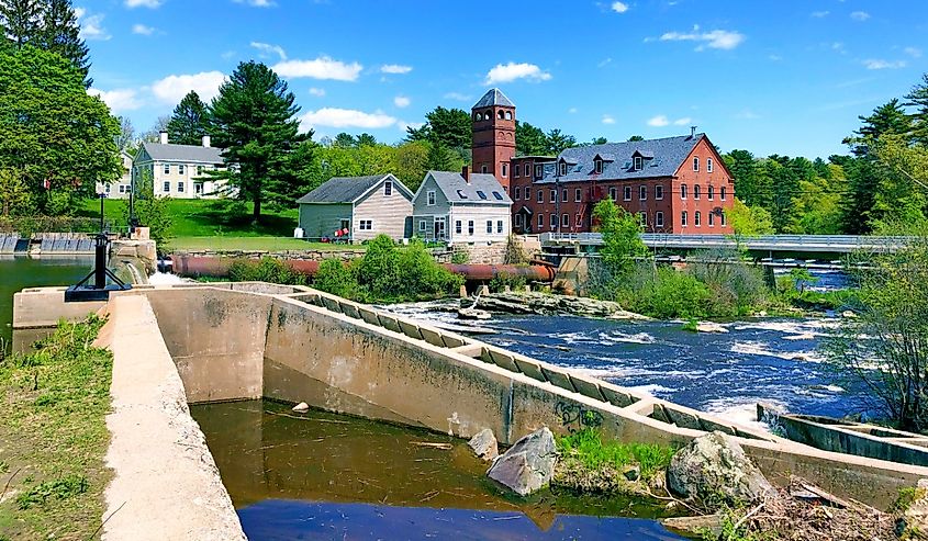 Sparhawk Mill , formerly a cotton mill house exterior by bridge street dam in Yarmouth Maine United States.