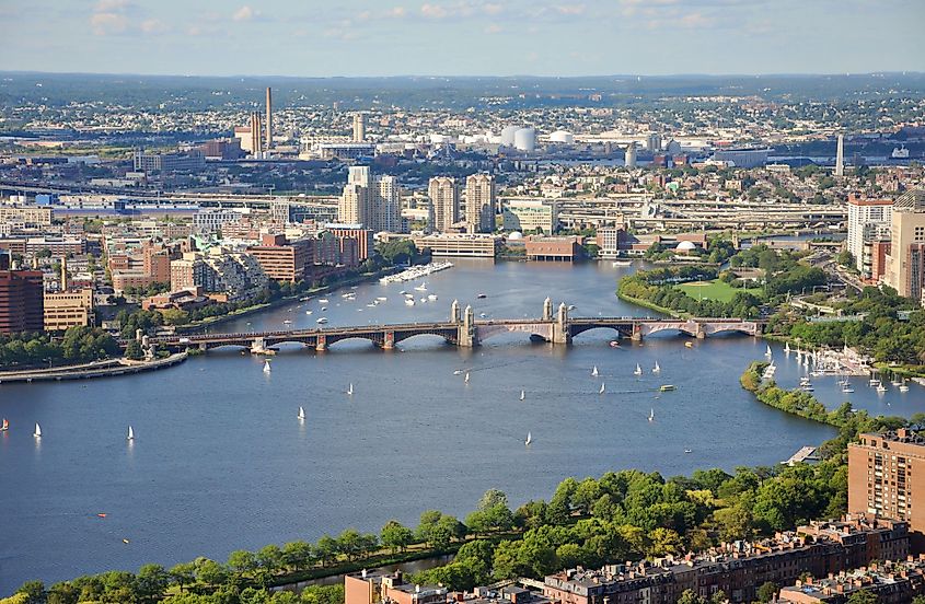 Aerial view of the Longfellow Bridge across the Charles River