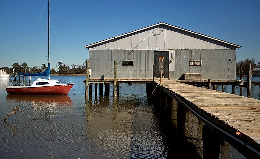 View of a boat along Urbanna Creek in Virginia.