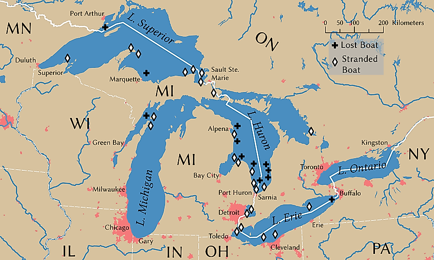 Newspaper diagram of the major shipwrecks during the Great Lakes Storm of November 1913, also known as the White Hurricane.