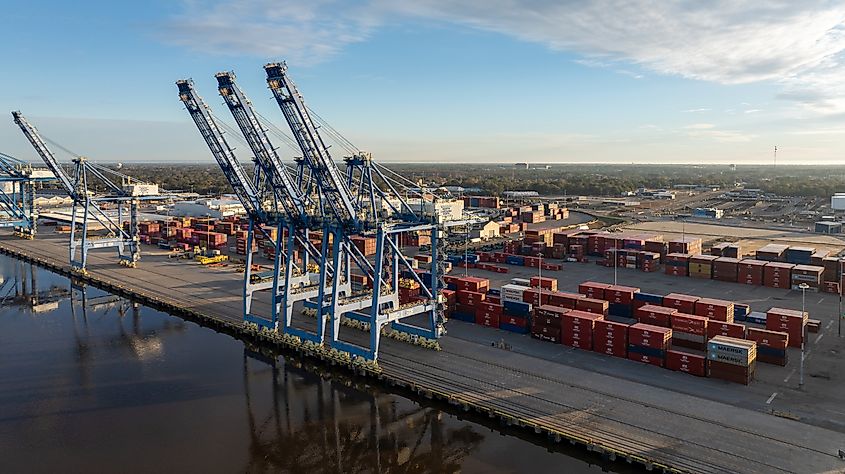 Wilmington, North Carolina: Aerial view of the Port of Wilmington in North Carolina, showcasing rows of cranes, and cargo containers.