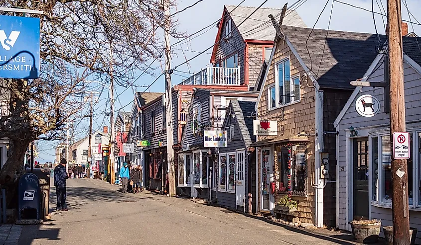 Beautiful Bearskin Neck with shops and small houses in Rockport, Massachusetts.