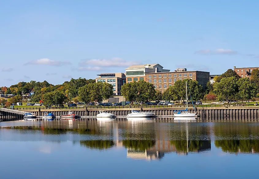 Boats moored along the Penobscot River in Bangor Maine