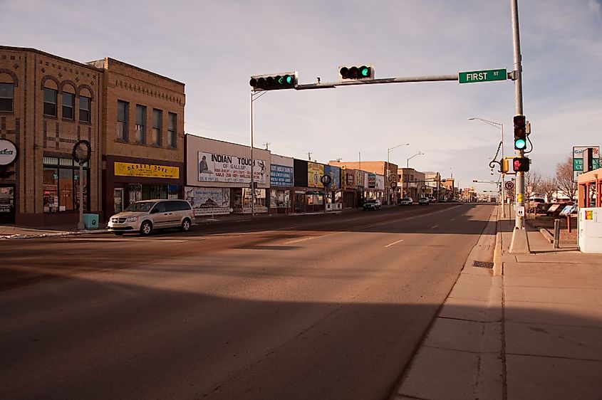 Looking west down Route 66 on First St. in downtown Gallup, New Mexico. Editorial credit: PICTOR PICTURES / Shutterstock.com