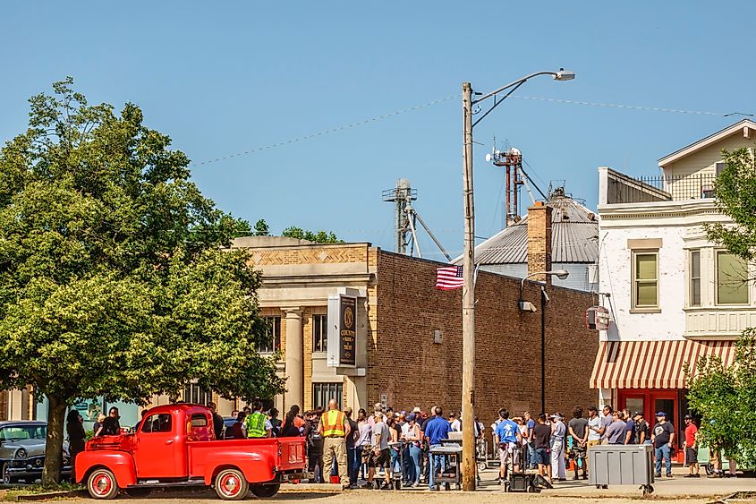 A crowd on main street in Elburn, Illinois