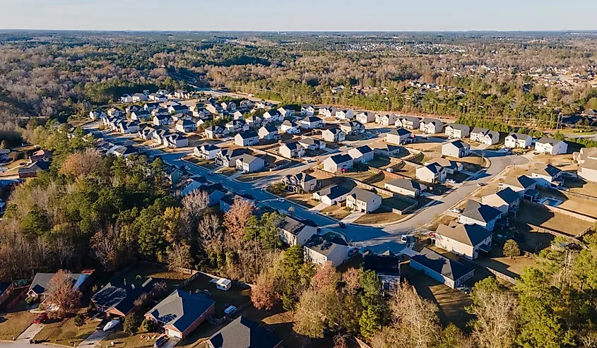 Aerial landscape of Euchee Creek Trails suburban neighborhood in Grovetown, Georgia.