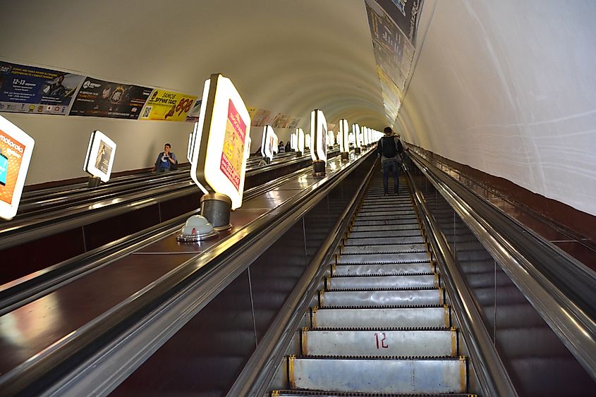 Travelling stairs of the deepest station in the world, Arsenalna in Kiev Metro