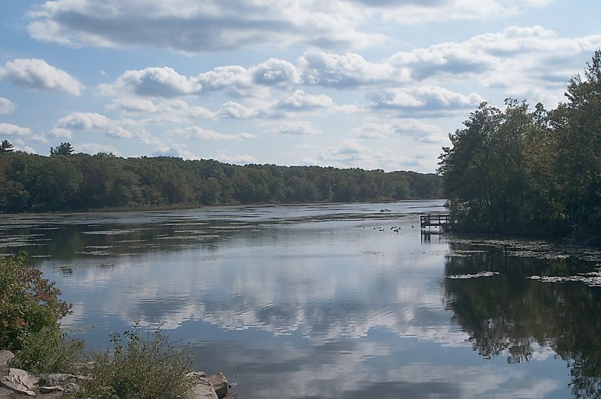 A scenic pond surrounded by trees at Pond Meadow Park in Braintree, MA, part of a 320-acre park with a 20-acre pond.