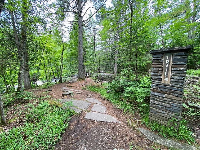 A trail marker showing the way along a forested, riverside trail